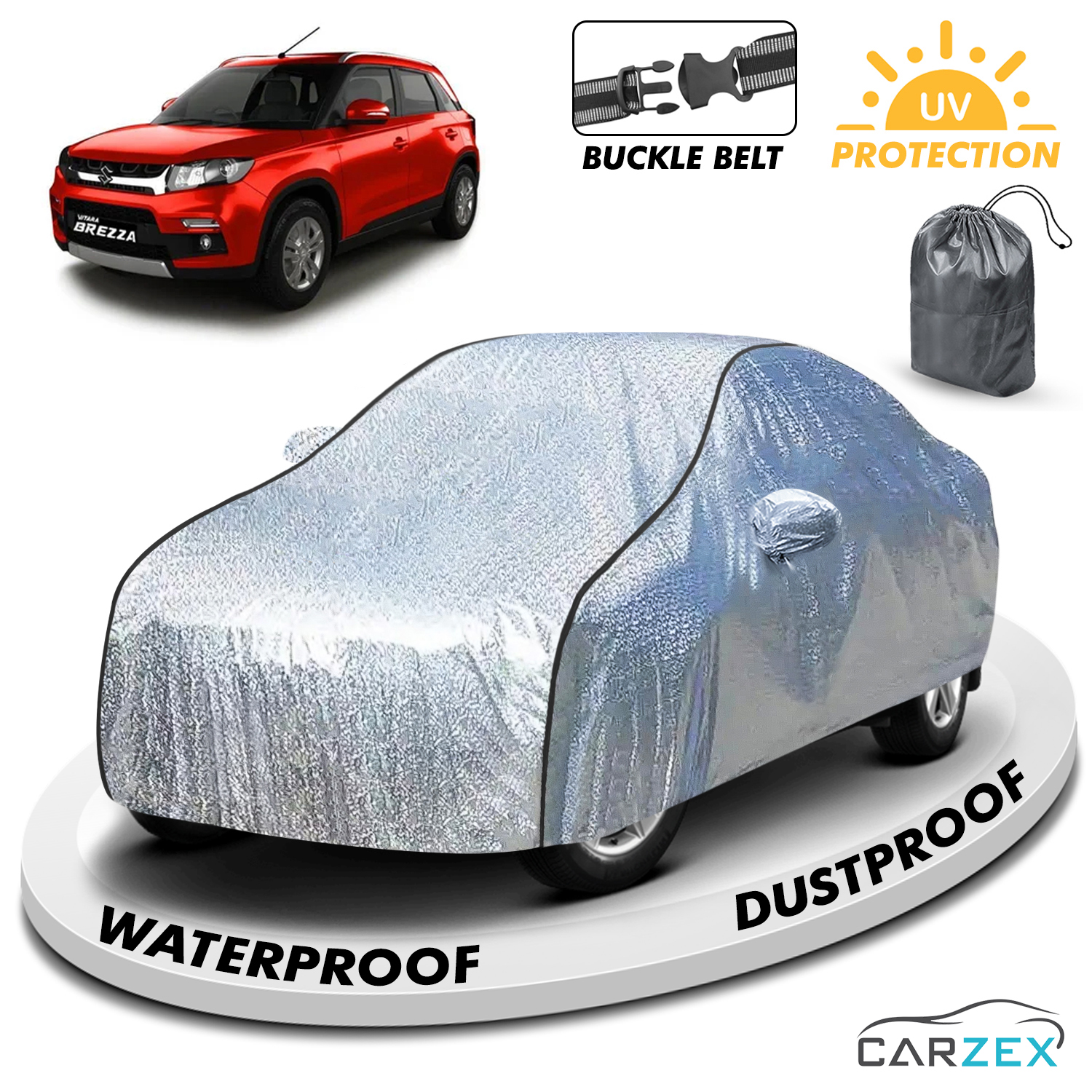 Carzex Waterproof & Heat Resistant Metallic Silver With Black Border Car Body Cover with Mirror Pockets For Maruti Suzuki Brezza